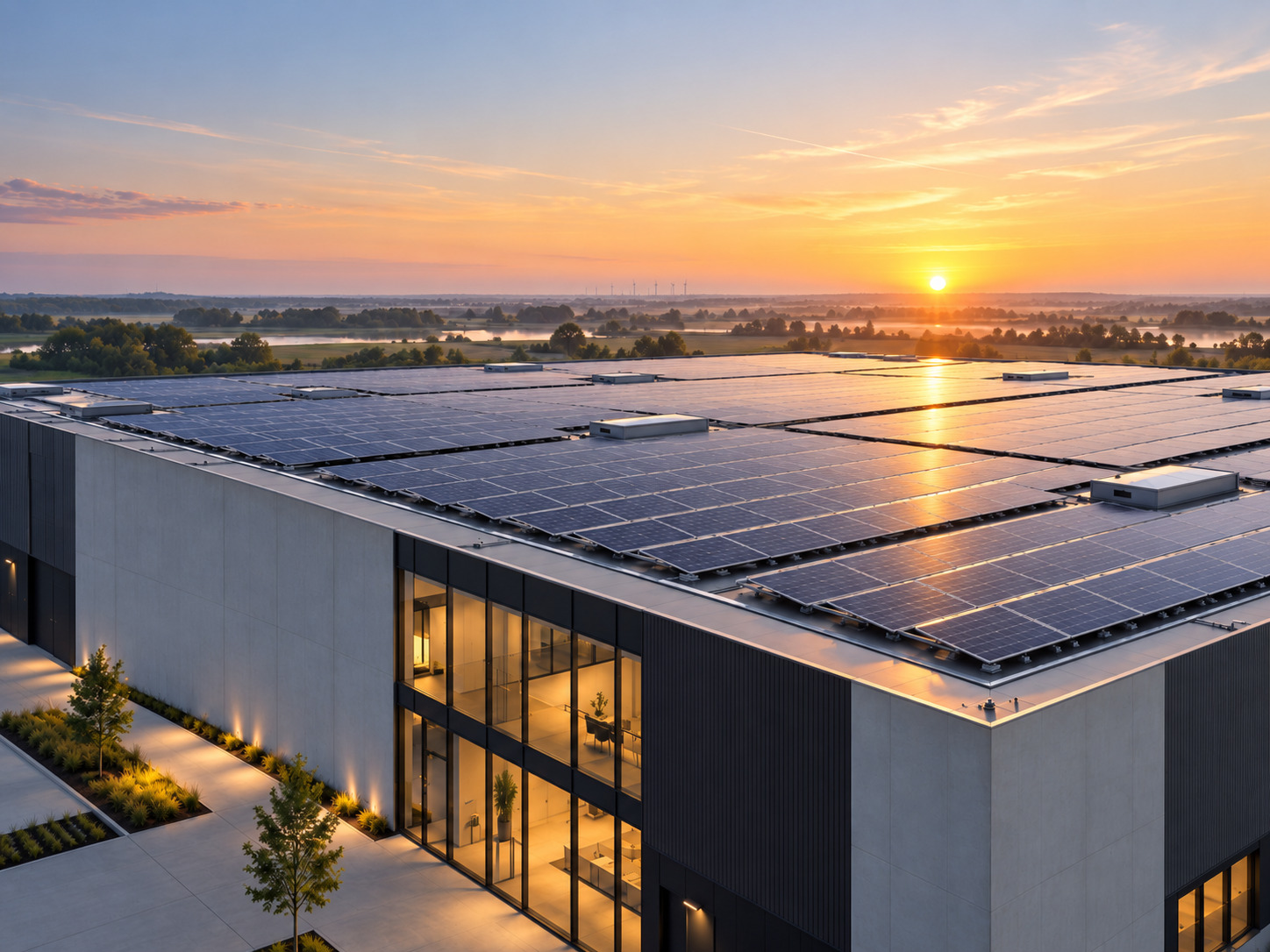 Modern bedrijfsgebouw met zonnepanelen op het dak bij zonsopgang