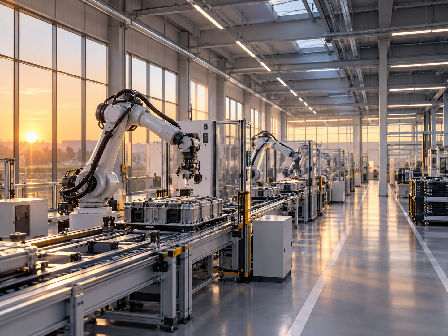 Moderne productiehal met robotarmen en ochtendlicht door grote ramen